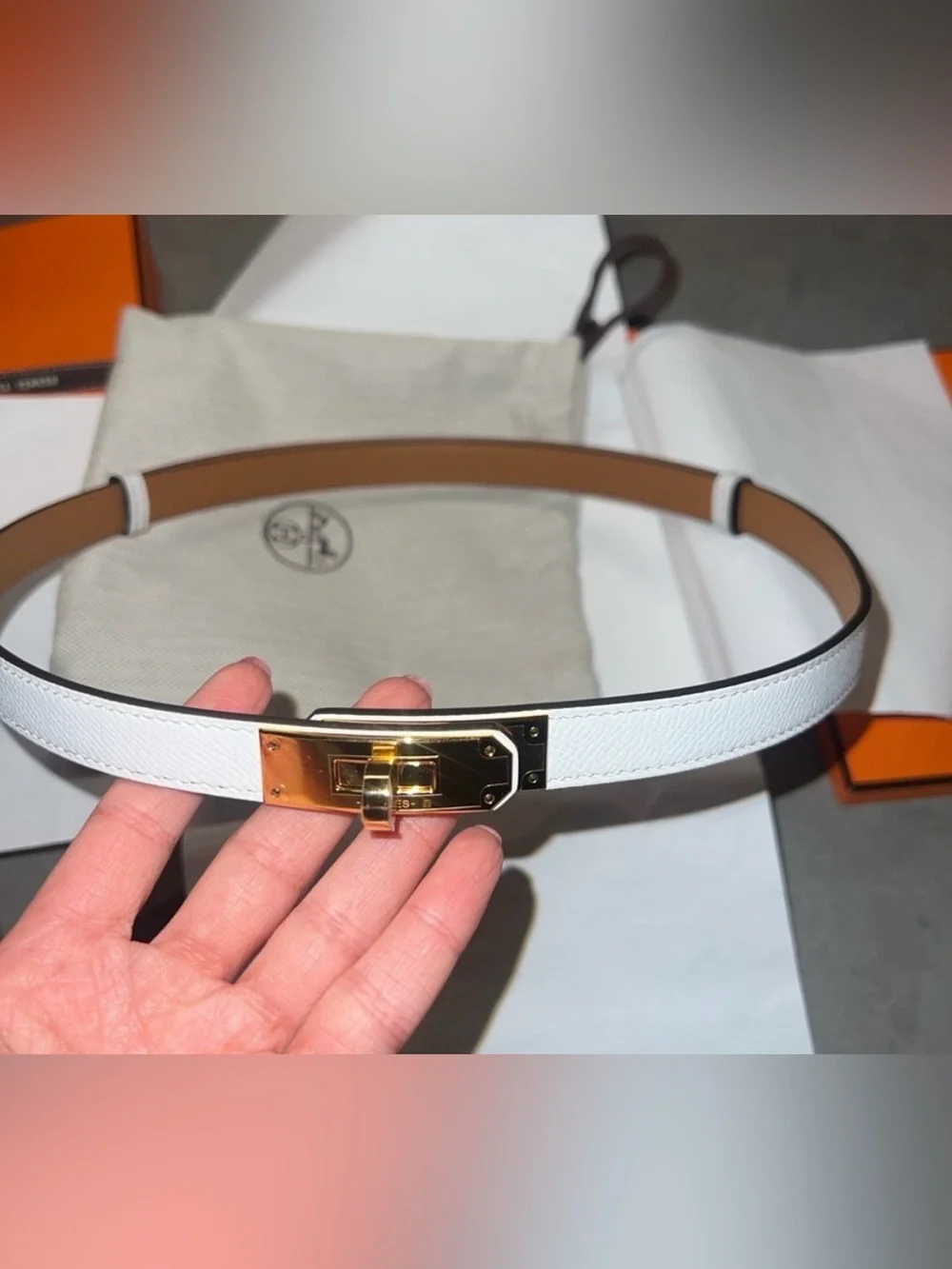 ✨Hermes. Kelly 18 Belt White Leather Gold Hardware